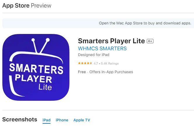  download Smarters Player Lite for your iPhone, Apple TV or any other iOS device here in Apple store